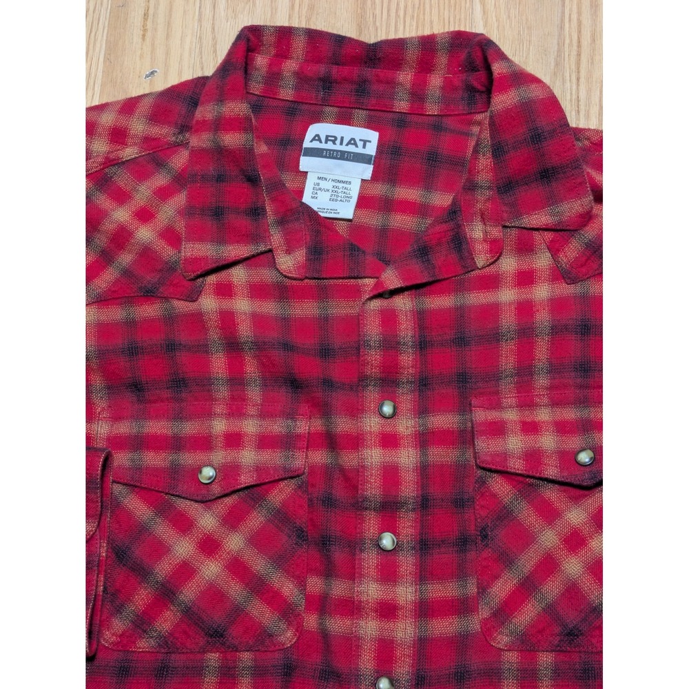 Ariat Mens Retro Fit Western Pearl Snap Plaid Flannel Shirt Red XXL Tall